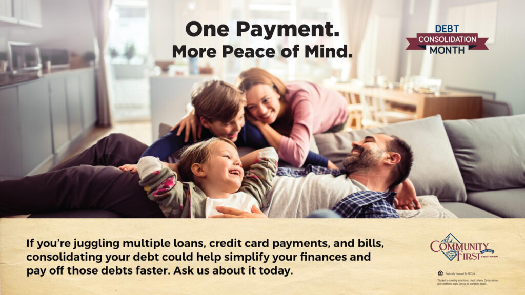Happy family on a sofa. Debt consolidation promotion.