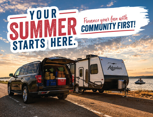 Your summer starts here banner with a truck, RV and jet ski