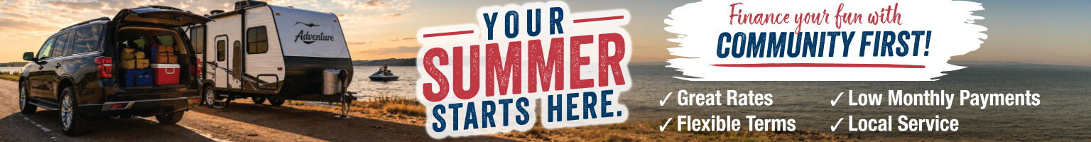 Your summer starts here banner with a truck, RV and jet ski