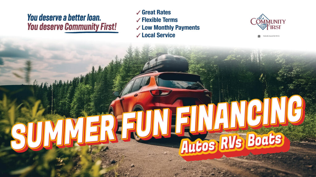 Summer Fun Financing banner with an orange crossover car on a treelined street