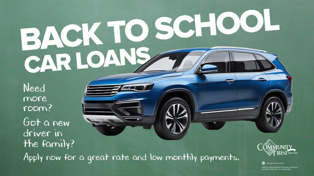 A blue car over a green chalkboard background. Promotion for Back to school car loans.